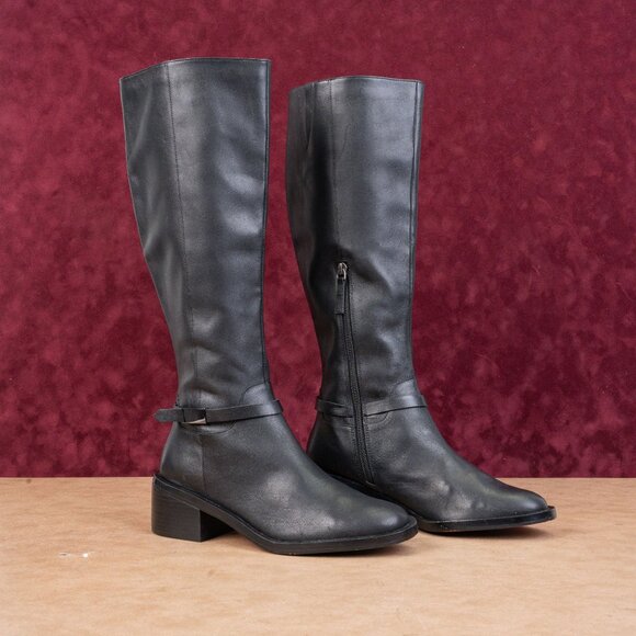 Linea Paolo Women Kamile Black Leather Buckle Knee Riding Fashion Boots sz 9 - Picture 1 of 10